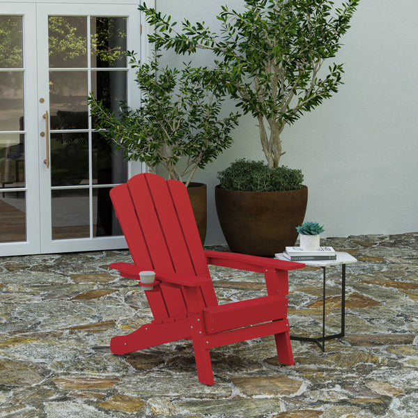 Nassau Adirondack Chair with Cup Holder, Weather Resistant HDPE Adirondack Chair in Red