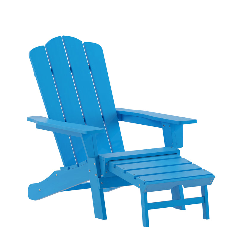 Ridley Adirondack Chair with Cup Holder and Pull Out Ottoman, All-Weather HDPE Indoor/Outdoor Lounge Chair in Blue, Set of 2