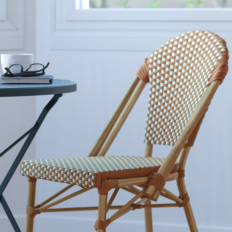 Celia Set of Two Indoor/Outdoor Stacking French Bistro Chairs with Patterned Seats and Backs & Light Bamboo Finished Aluminum Frames