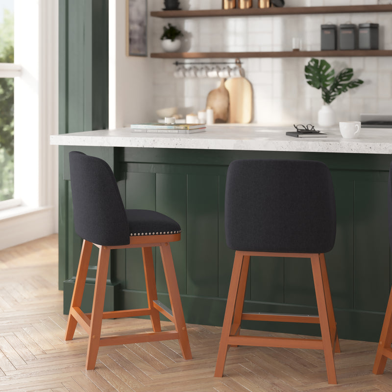 Ellie Set of 2 Charcoal Faux Linen Upholstered 24" Counter Stools with Nail Head Accent Trim and Walnut Wood Frames