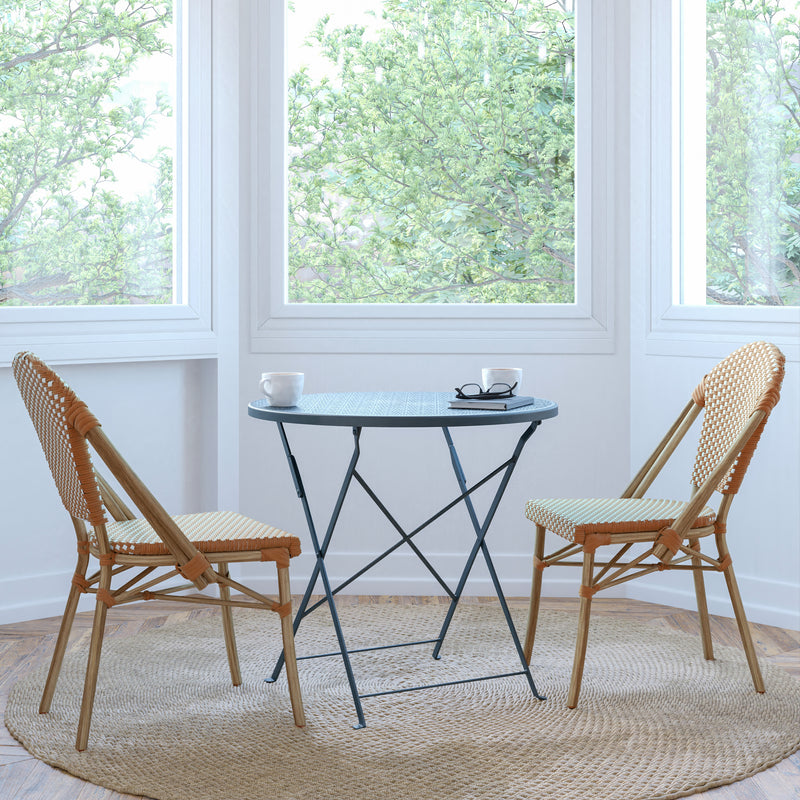 Celia Set of Two Indoor/Outdoor Stacking French Bistro Chairs with Patterned Seats and Backs & Light Bamboo Finished Aluminum Frames