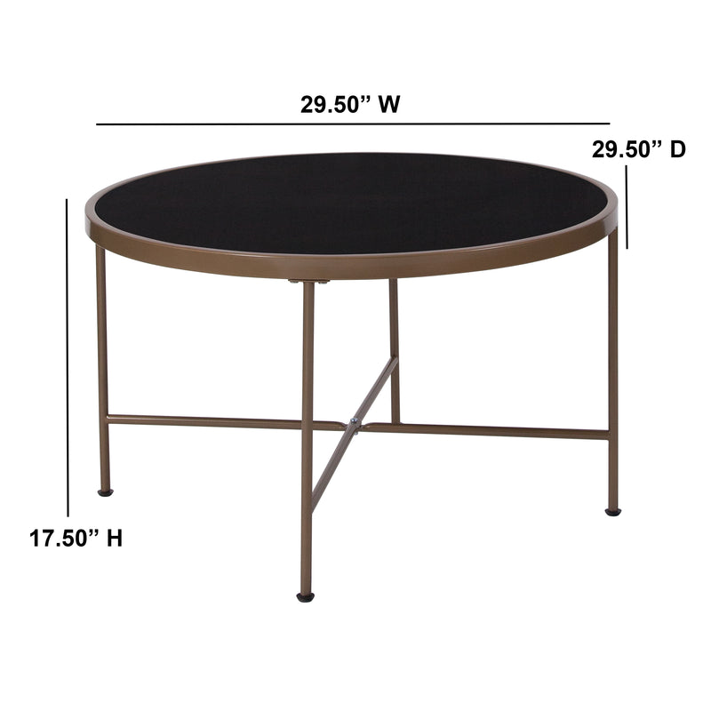 Harriet Tempered Glass Coffee Table in Black with Matte Gold Round Metal Frame