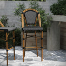 Sacha Set of Two Stacking French Bistro Bar Stools with PE Seats and Back and Bamboo Finished Metal Frames for Indoor/Outdoor Use