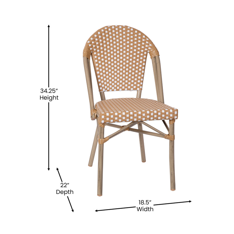 Celia Set of Two Indoor/Outdoor Stacking French Bistro Chairs with Patterned Seats and Backs & Light Bamboo Finished Aluminum Frames