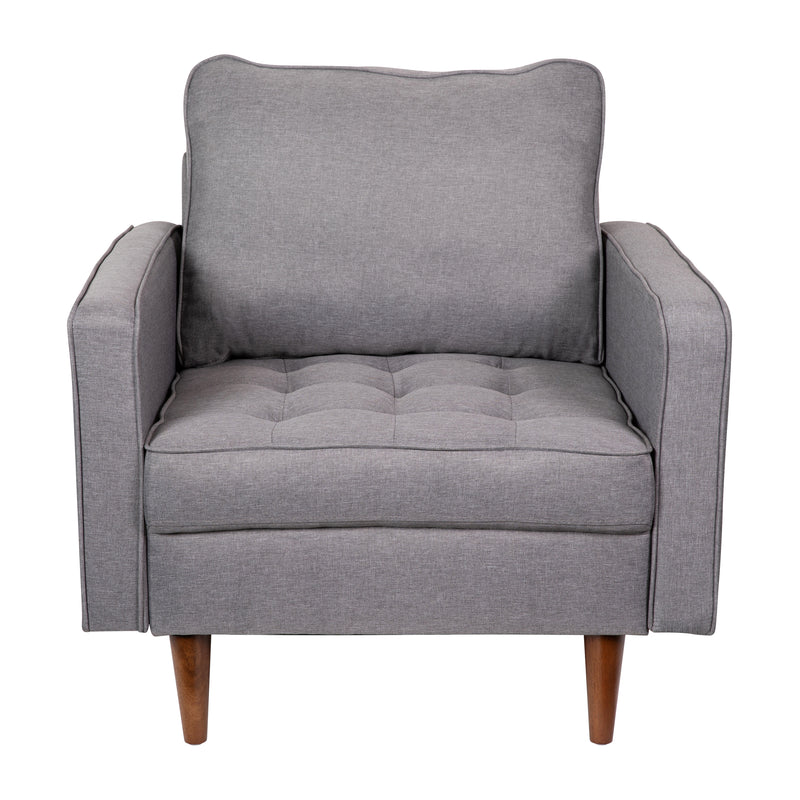 Garibaldi Mid-Century Modern Armchair with Tufted Faux Linen Upholstery & Solid Wood Legs in Slate Gray