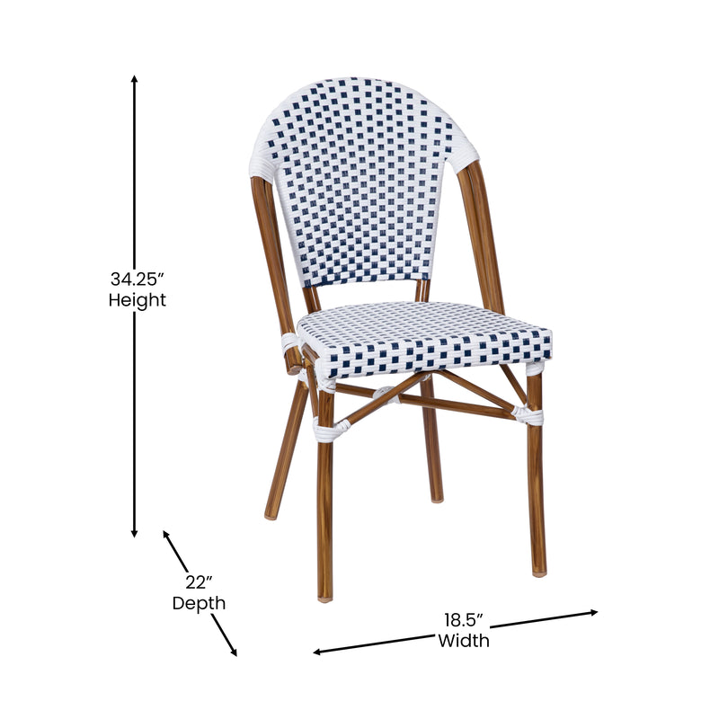 Celia Set of Two Indoor/Outdoor Stacking French Bistro Chairs with Patterned Seats and Backs & Light Bamboo Finished Aluminum Frames