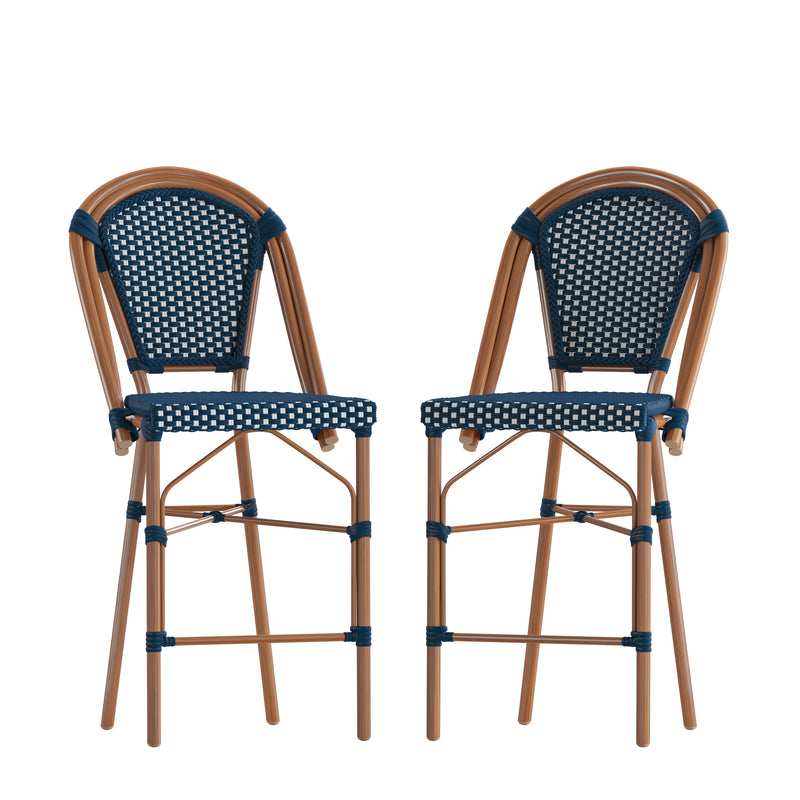 Sacha Set of Two Stacking French Bistro Counter Stools with Navy and White PE Seats and Back and Bamboo Finished Metal Frames for Indoor/Outdoor Use