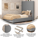 Bramlett Modern Platform Bed Frame with Padded Faux Linen Upholstered Wingback Headboard and Wood Support Slats