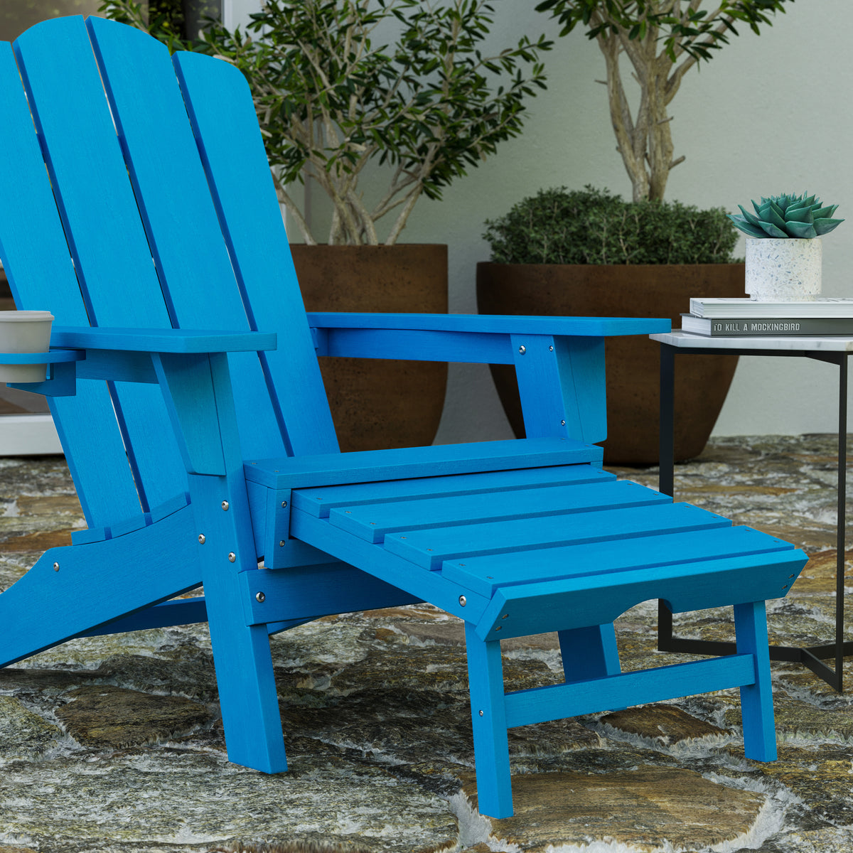 Ridley Adirondack Chair with Cup Holder and Pull Out Ottoman, All-Weat