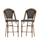 Sacha Set of Two Stacking French Bistro Counter Stools with PE Seats and Back and Bamboo Finished Metal Frames for Indoor/Outdoor Use