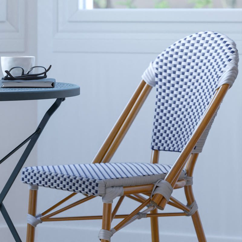 Celia Set of Two Indoor/Outdoor Stacking French Bistro Chairs with Patterned Seats and Backs & Light Bamboo Finished Aluminum Frames