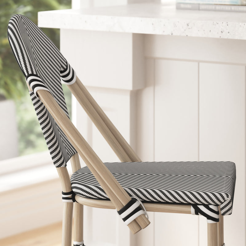 Mael Set of Two Stacking French Bistro Style Bar Stools with Black and White Textilene Seats and Light Bamboo Metal Frames for Indoor/Outdoor Use