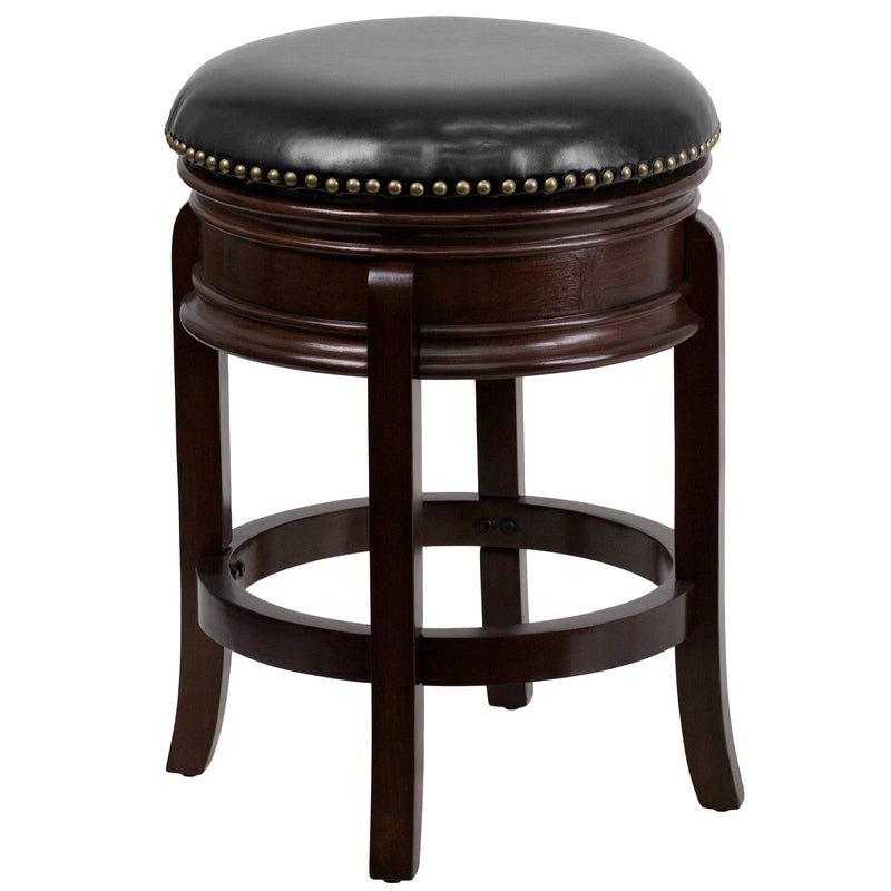 Clara 24" Cappuccino Brown Backless Wooden Counter Stool with Black Faux Leather 360 Degree Swivel Seat