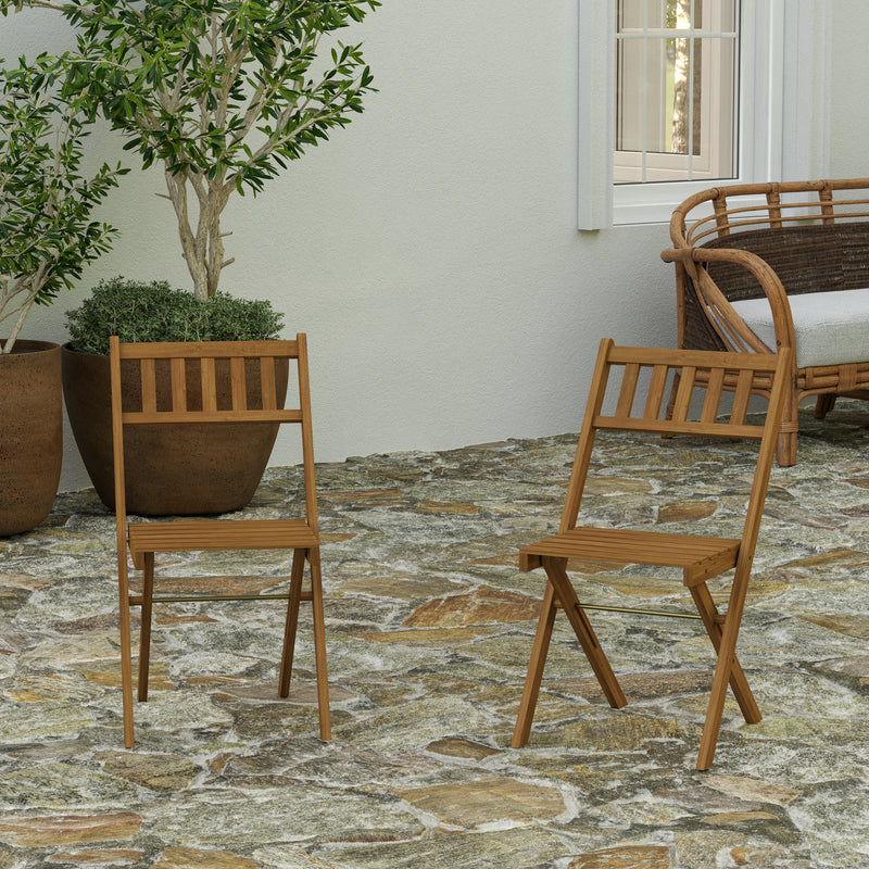 Stora Set of 2 Solid Acacia Wood Armless Folding Patio Bistro Chairs with Slatted Backs and Seats