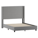 Bramlett Modern Queen Size Platform Bed Frame with Padded Faux Linen Upholstered Wingback Headboard and Wood Support Slats in Gray