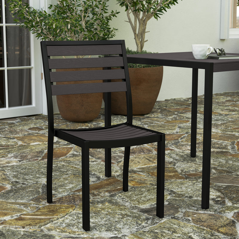 Kersey Outdoor Side Chairs Poly Gray Wash Faux Teak Wood and Metal Patio and Deck Chairs for All-Weather Use- Set of 2