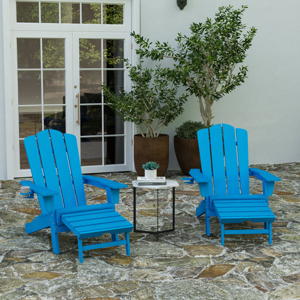 Ridley Adirondack Chair with Cup Holder and Pull Out Ottoman, All-Weather HDPE Indoor/Outdoor Lounge Chair in Blue, Set of 2