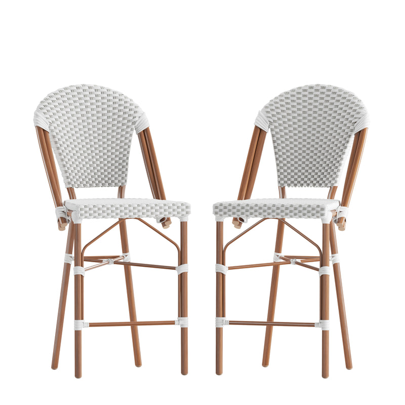 Celia Set of Two Indoor/Outdoor Stacking French Bistro Counter Stools with Patterned Seats and Backs & Light Natural Metal Frames