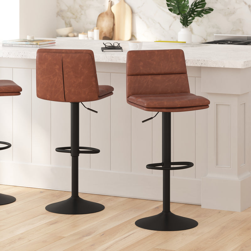 Keene Set of 2 Modern Faux Leather Upholstered Adjustable Height Bar Stools with Sturdy Iron Bases