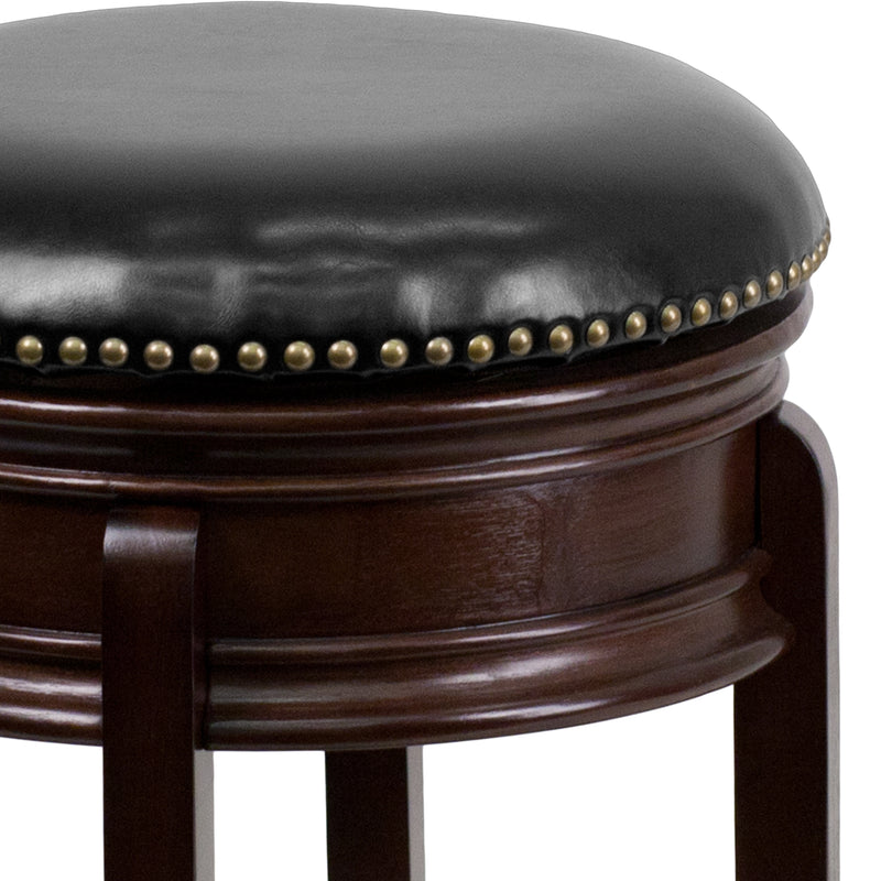 Clara 24" Cappuccino Brown Backless Wooden Counter Stool with Black Faux Leather 360 Degree Swivel Seat