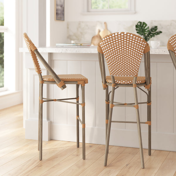 Celia Set of Two Indoor/Outdoor Stacking French Bistro Bar Stools with Patterned Seats and Backs & Light Natural Metal Frames