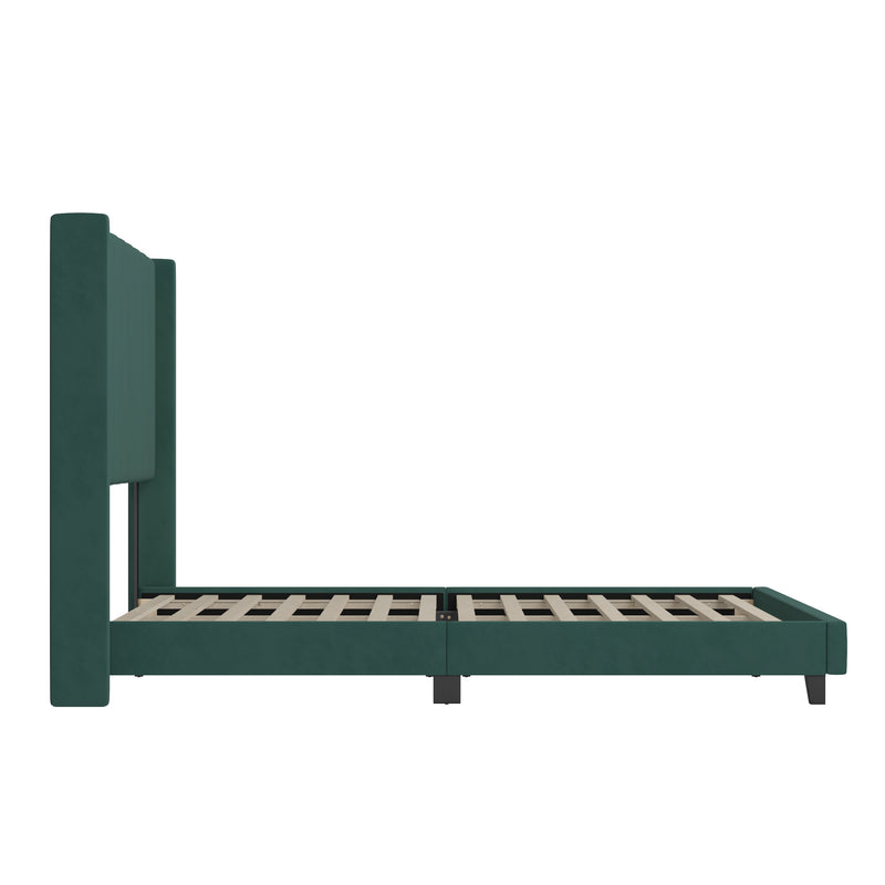 Sana Modern Emerald Velvet Upholstered Platform Bed Frame with Padded, Tufted Wingback Headboard and Wood Support Slats, No Box Spring Required