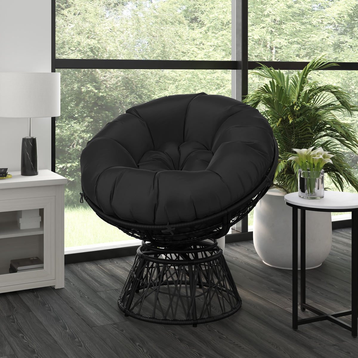 Foley Papasan Style Woven Wicker Swivel Patio Chair in Black with Remo