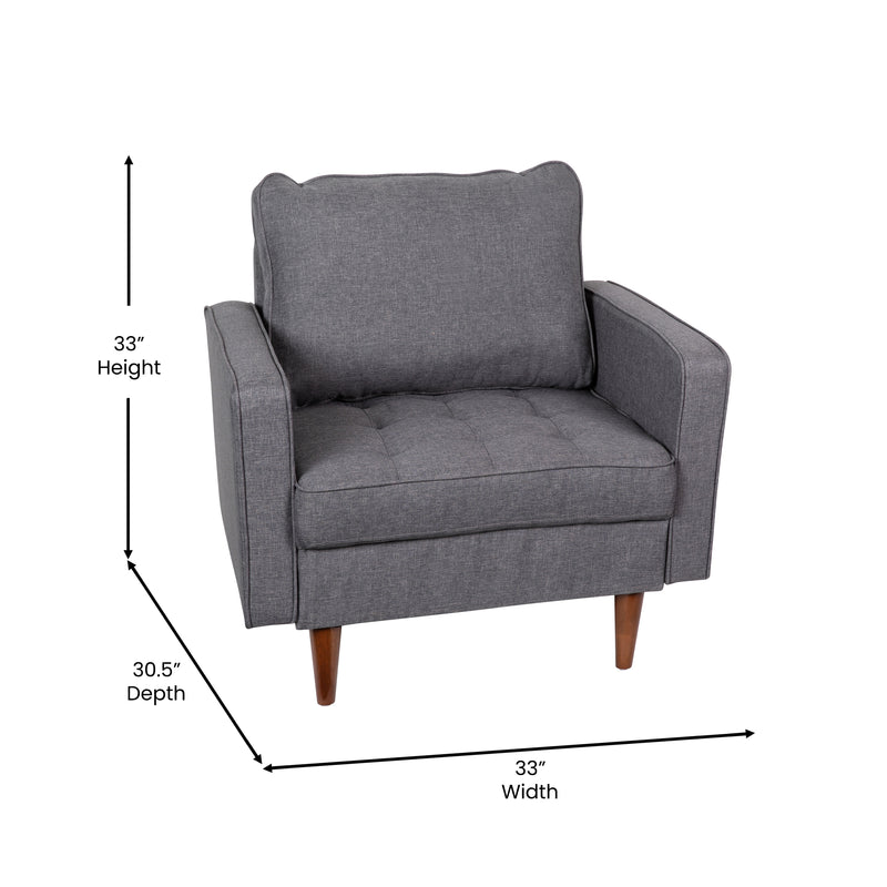 Garibaldi Mid-Century Modern Armchair with Tufted Faux Linen Upholstery & Solid Wood Legs