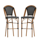 Sacha Set of Two Stacking French Bistro Bar Stools with PE Seats and Back and Bamboo Finished Metal Frames for Indoor/Outdoor Use