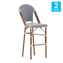 Celia Set of Two Indoor/Outdoor Stacking French Bistro Bar Stools with Patterned Seats and Backs & Light Natural Metal Frames
