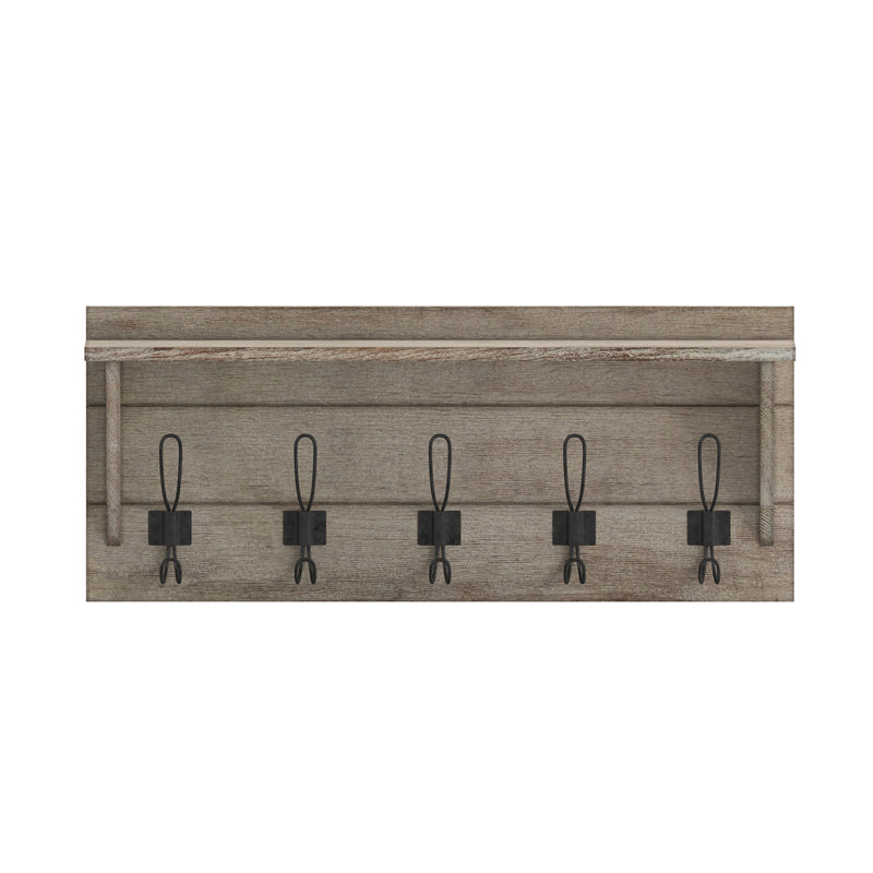 Enid Rustic Brown Pine Wood 24 Inch Wall Mount Storage Rack with 5 Hooks and Upper Display Shelf