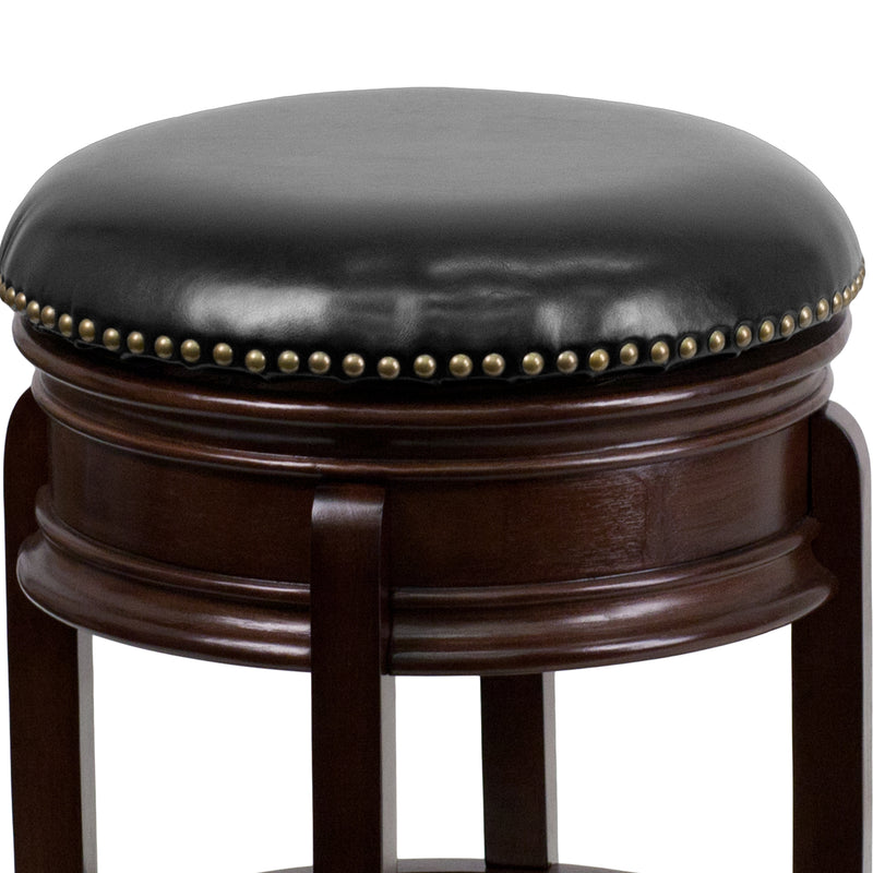 Clara 24" Cappuccino Brown Backless Wooden Counter Stool with Black Faux Leather 360 Degree Swivel Seat