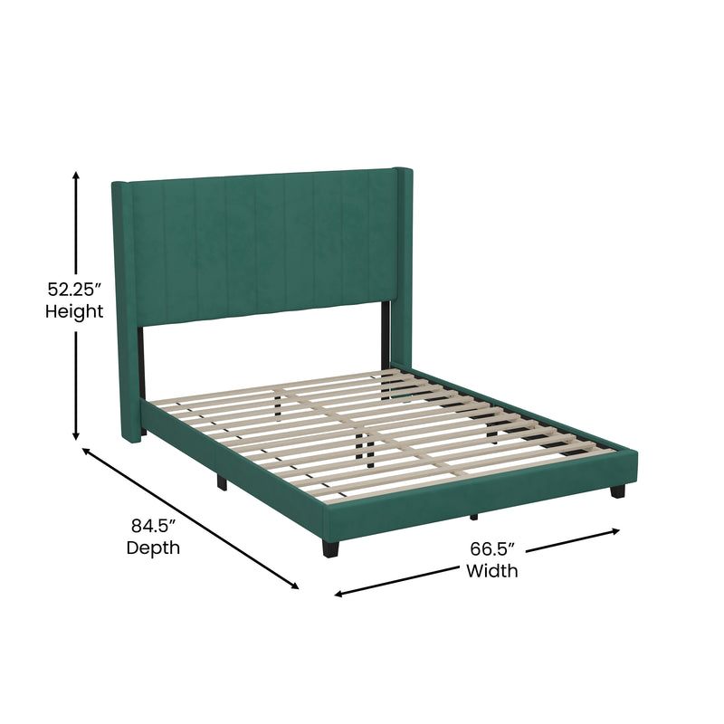 Sana Modern Emerald Velvet Upholstered Platform Bed Frame with Padded, Tufted Wingback Headboard and Wood Support Slats, No Box Spring Required