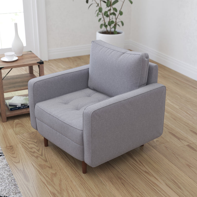 Garibaldi Mid-Century Modern Armchair with Tufted Faux Linen Upholstery & Solid Wood Legs