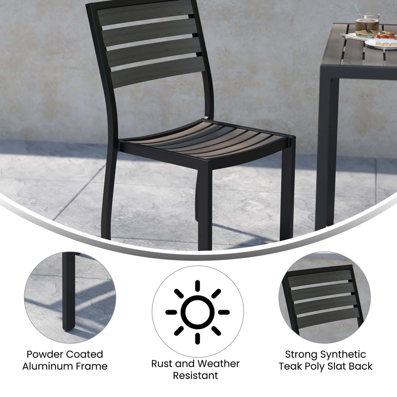Kersey Outdoor Side Chairs Poly Gray Wash Faux Teak Wood and Metal Patio and Deck Chairs for All-Weather Use- Set of 2