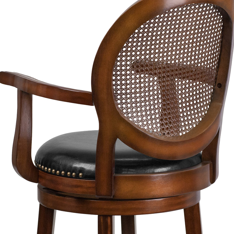 Mathieu 26" Swivel Counter Stool with Oval Rattan Back, Arms and Black Faux Leather Upholstered Swivel Seat in Espresso