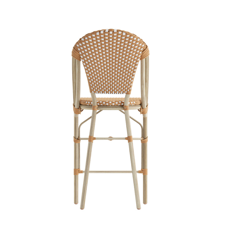 Celia Set of Two Indoor/Outdoor Stacking French Bistro Counter Stools with Natural and White Patterned Seats and Backs & Light Natural Metal Frames