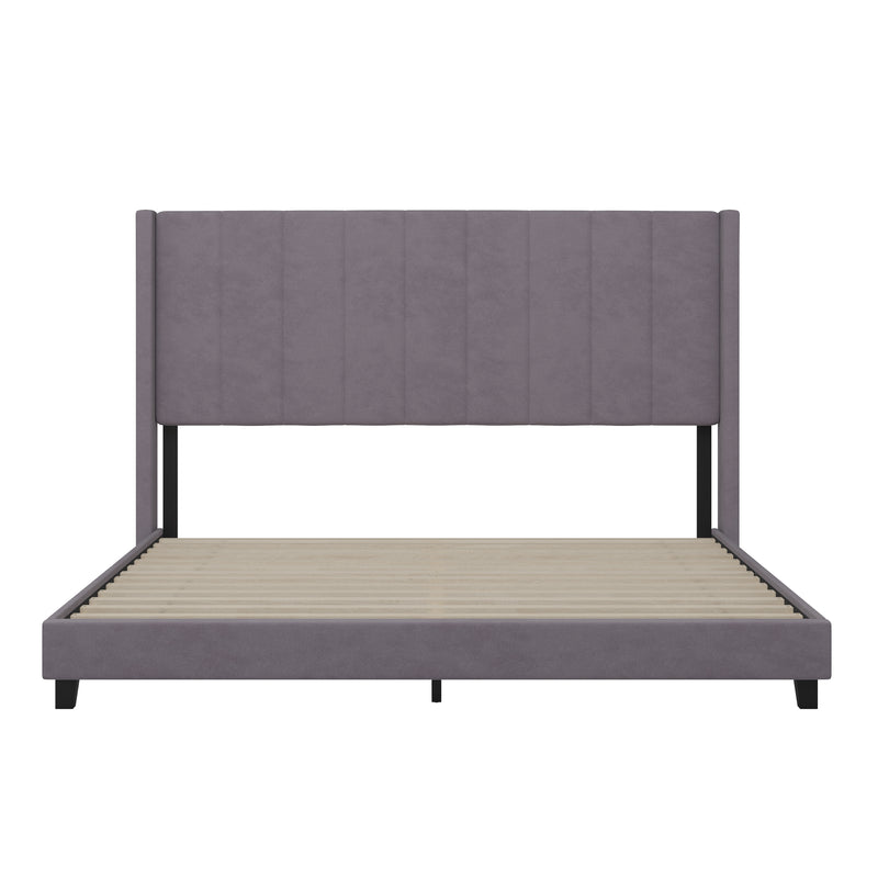 Sana Modern Gray Velvet Upholstered Platform Bed Frame with Padded, Tufted Wingback Headboard and Wood Support Slats, No Box Spring Required