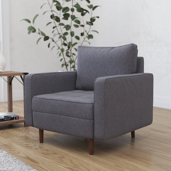 Garibaldi Mid-Century Modern Armchair with Tufted Faux Linen Upholstery & Solid Wood Legs