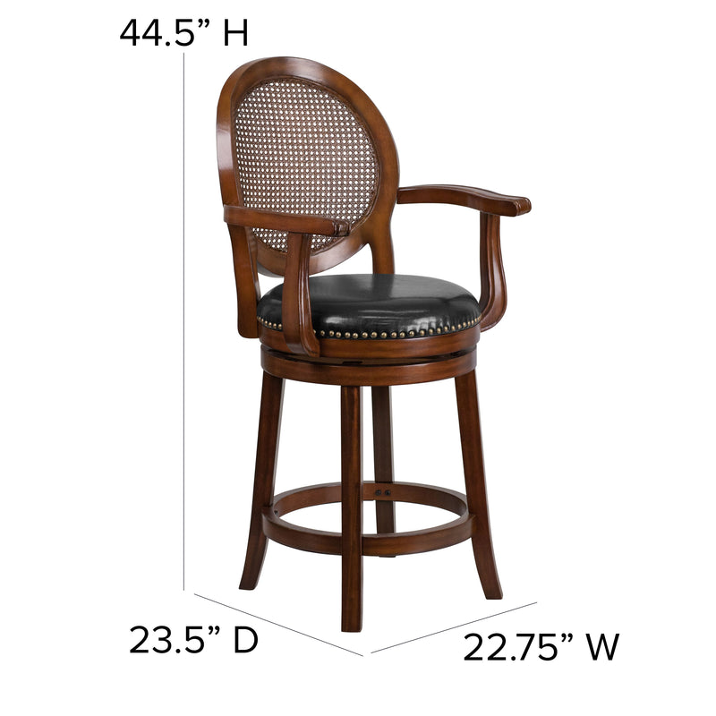 Mathieu 26" Swivel Counter Stool with Oval Rattan Back, Arms and Black Faux Leather Upholstered Swivel Seat in Espresso