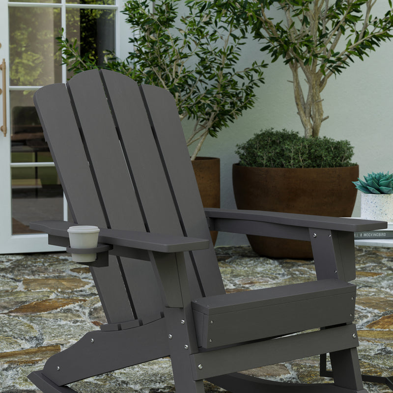 Ridley Adirondack Rocking Chair with Cup Holder, Weather Resistant HDPE Adirondack Rocking Chair in Gray