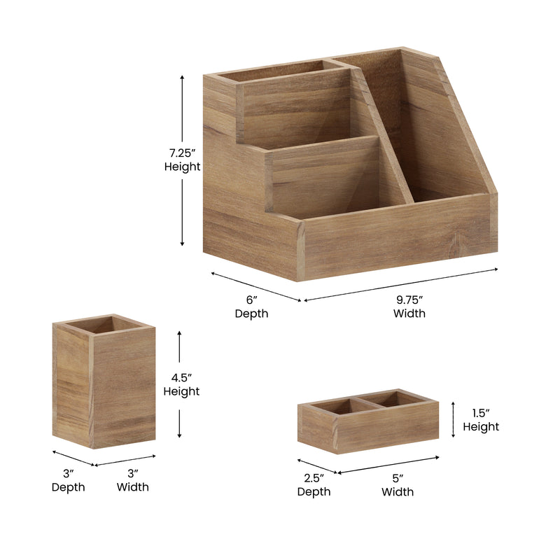 Ceely 3 Piece Wooden Desk Organizer Set for Desktop, Countertop, or Vanity in Rustic Brown
