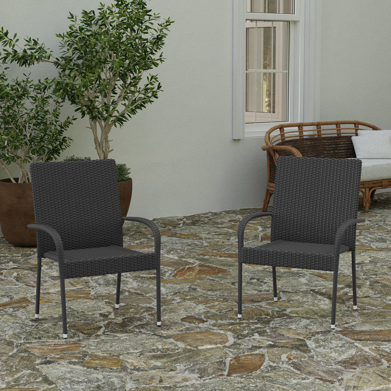 Mathias Set of 2 Indoor/Outdoor Gray Wicker Patio Chairs with Powder Coated Steel Frame, Comfortably Curved Back and Arms