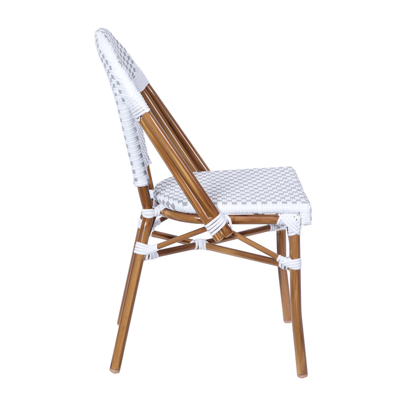 Celia Set of Two Indoor/Outdoor Stacking French Bistro Chairs with Patterned Seats and Backs & Light Bamboo Finished Aluminum Frames