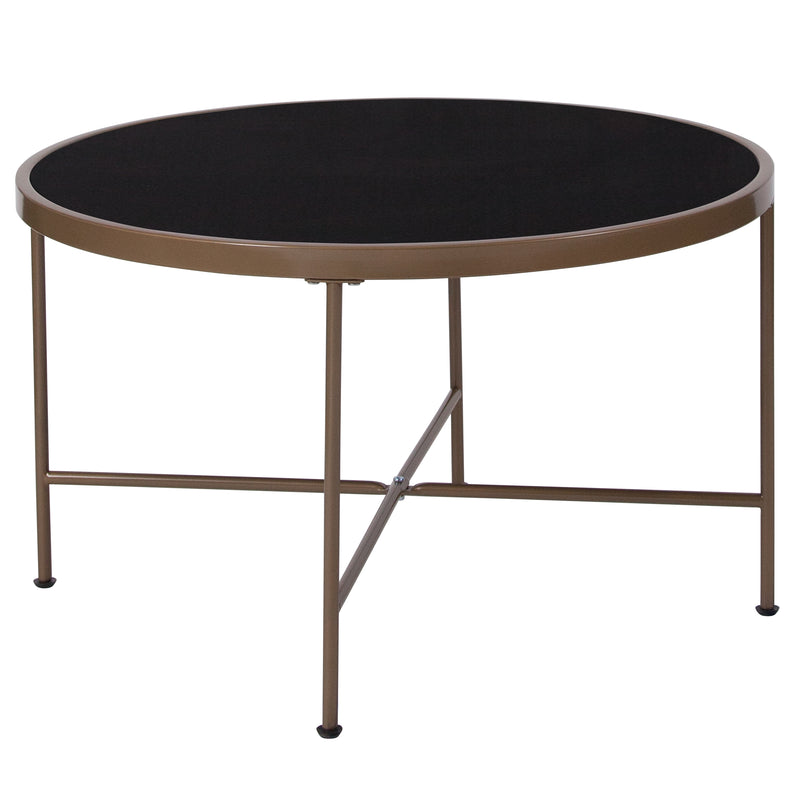 Harriet Tempered Glass Coffee Table in Black with Matte Gold Round Metal Frame