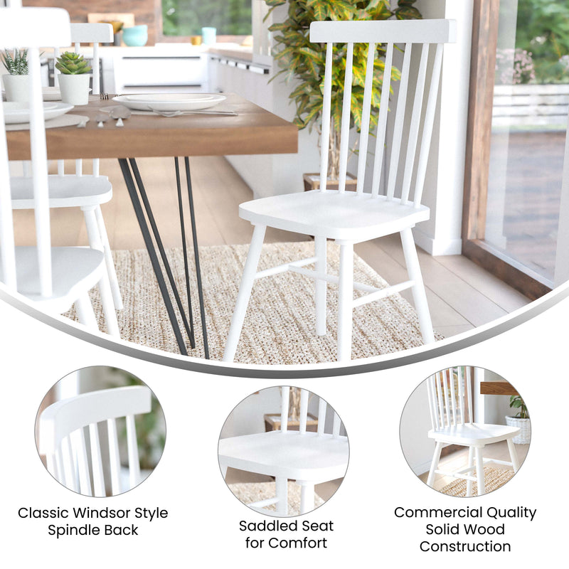 Torrin Set of Two Premium Solid Wood Spindle Back Dining Chairs in White with Saddle Seat and Floor Protectant Felt Pads