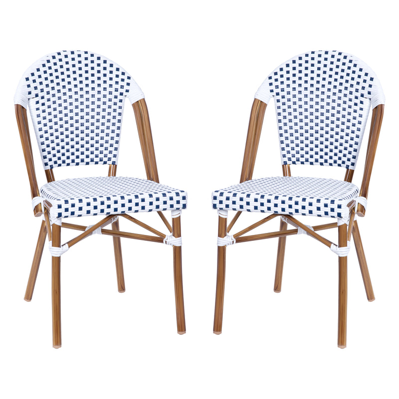 Celia Set of Two Indoor/Outdoor Stacking French Bistro Chairs with Patterned Seats and Backs & Light Bamboo Finished Aluminum Frames
