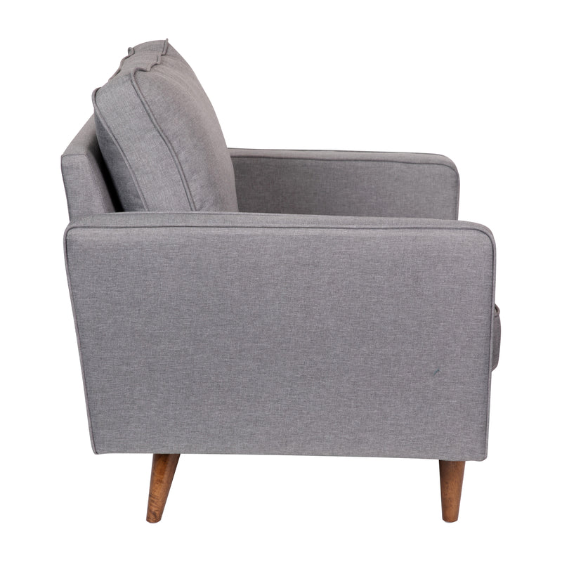 Garibaldi Mid-Century Modern Armchair with Tufted Faux Linen Upholstery & Solid Wood Legs