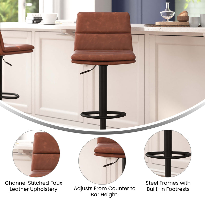 Keene Set of 2 Modern Faux Leather Upholstered Adjustable Height Bar Stools with Sturdy Iron Bases