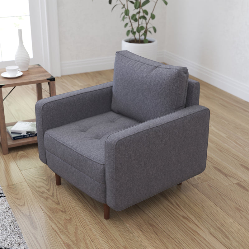 Garibaldi Mid-Century Modern Armchair with Tufted Faux Linen Upholstery & Solid Wood Legs